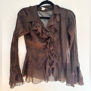 MK solo Y2K vintage sheer Elegant Brown Ruffle Blouse office modest bratz small